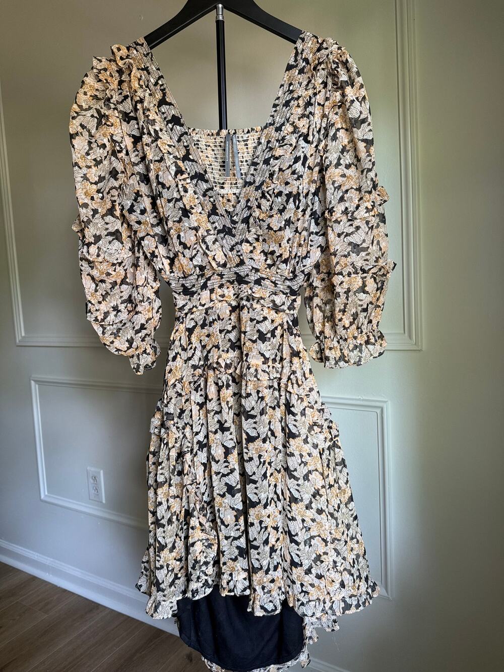 Anthropologie Floral Open Back Mini Dress Boho Cottagecore Ruffle Size L
